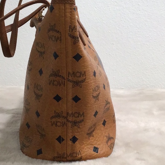 MCM #H5822 Vintage Visetos Blue Stripes Monogram Small Tote Bag  EUC Cognac - Picture 7 of 16